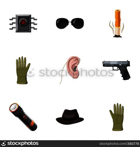 Secret agent icons set. Cartoon illustration of 9 secret agent vector icons for web. Secret agent icons set, cartoon style
