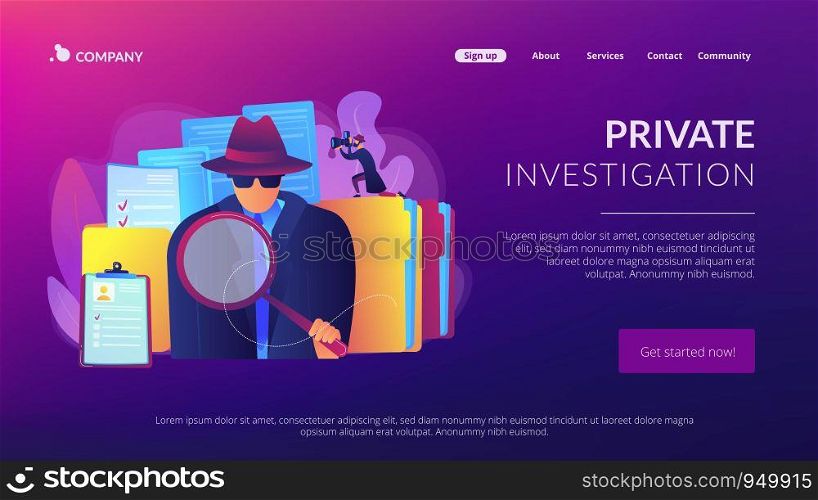 Secret agent searching clues and spying investigating case. Private investigation, private detective agency, private investigator services concept. Website homepage landing web page template.. Private investigation concept landing page