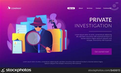 Secret agent searching clues and spying investigating case. Private investigation, private detective agency, private investigator services concept. Website homepage landing web page template.. Private investigation concept landing page