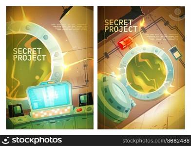 Secret project poster with control panel room in nuclear power plant with open door to reactor. Vector flyers for quest game with cartoon interior of bunker or laboratory with radiation green glow. Secret project poster with control panel room