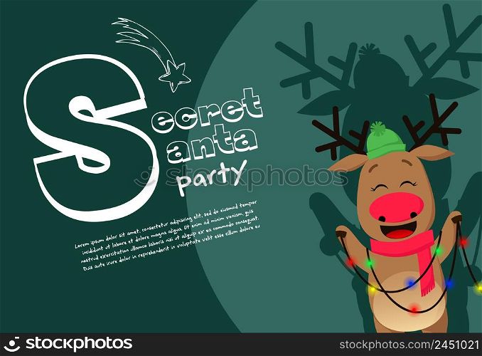 Secret Santa party banner design with red-nosed deer in hat and scarf playing with Christmas lights. Lettering with realistic elements can be used for invitations, signs, announcements. Secret Santa party banner design with red-nosed deer in hat