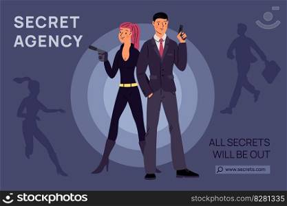 Secret super agents couple poster. Cartoon spies characters with pistols. Man and woman detectives. Mystery mission. Superspies undercover investigation. Thriller banner design. Garish vector concept. Secret super agents couple poster. Cartoon spies with pistols. Man and woman detectives. Mystery mission. Superspies undercover investigation. Thriller banner. Garish vector concept