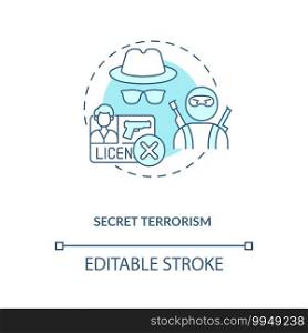 Secret terrorism turquoise concept icon. Crime with firearm. Danger of attack. Criminal assault. Gun control idea thin line illustration. Vector isolated outline RGB color drawing. Editable stroke. Secret terrorism turquoise concept icon