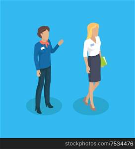 Secretary and manager waving hand in greeting gesture. Woman wearing formal suit holding file of papers. Working business ladies 3d isometric vector. Secretary and Manager Woman Vector Illustration
