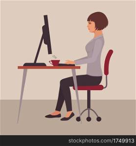 secretary at desk, office  business worker woman working on computer, vector illustration