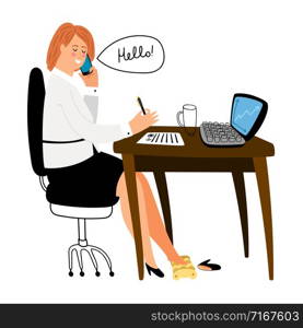 Secretary at desk. Professional business secretary woman with notebook, young corporate laptop accountant, personal work assistant, vectoe illustration. Secretary at desk