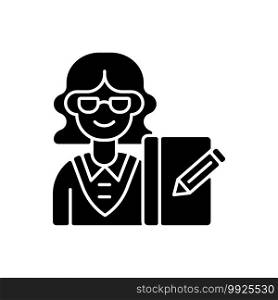 Secretary black glyph icon. Office work. Administrative professional. Personal assistant. Supporting management. Handling correspondence. Silhouette symbol on white space. Vector isolated illustration. Secretary black glyph icon