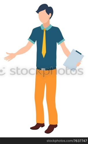 Secretary man with clipboard vector, isolated character worker with document paper on board. Male not knowing what to do, professional working male. Novice at Work Coping Task Man Helper Secretary