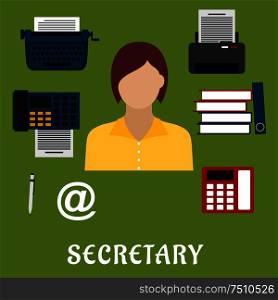 Secretary or assistant profession flat icons with telephone, fax, stack of folders with documents, pen, printer, mail symbol, typewriter and elegant young woman. Secretary or assistant profession flat icons