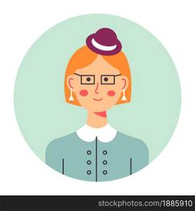 Secretary or company worker portrait of female character, isolated elegant lady wearing earrings and headwear. Young girl professional profile for media or avatar. Professional vector in flat style. Portrait of elegant female character with headwear vector