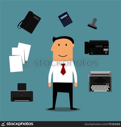 Secretary or manager profession icons with telephone, fax, stack of folders with documents, pen, printer, mail symbol, typewriter and elegant young woman. Secretary or manager profession icons