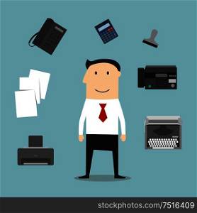 Secretary or manager profession icons with telephone, fax, stack of folders with documents, pen, printer, mail symbol, typewriter and elegant young woman. Secretary or manager profession icons