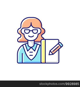 Secretary RGB color icon. Office work. Administrative professional. Personal assistant. Supporting management. Handling correspondence. Writing letters, making calls. Isolated vector illustration. Secretary RGB color icon