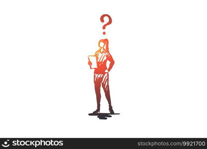 Secretary, work, office, woman, busy concept. Hand drawn female secretary at workplace concept sketch. Isolated vector illustration.. Secretary, work, office, woman, busy concept. Hand drawn isolated vector.