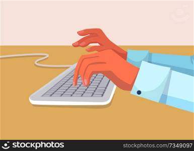 Secretarys hands types on white computer keyboard. Work at office process with help of modern technologies. Report preparation vector illustration.. Secretarys Hands Types on White Coputer Keyboard