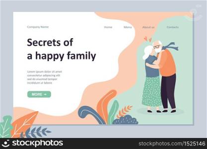 Secrets of a happy family landing page template. Seniors hugging. Loving couple of old people kisses. Cute elderly humans characters.Trendy vector illustration