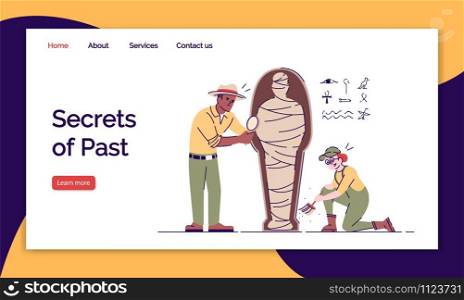 Secrets of past landing page vector template. Study of tomb of pharaoh website interface idea with flat illustrations. Expedition to Egypt homepage layout. Web banner, webpage cartoon concept