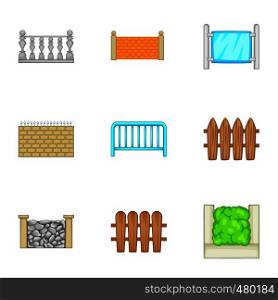Sections of the fence icons set. Cartoon set of 9 sections of the fence vector icons for web isolated on white background. Sections of the fence icons set, cartoon style