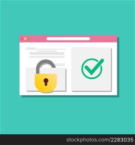 Secure access with a password in the web browser window, protected window and unprotected window. Padlock and tick as website login, digital privacy Flat vector illustration.. Secure access with a password in the web browser window, protected window and unprotected window. Padlock and tick as website login, digital privacy Flat vector illustration