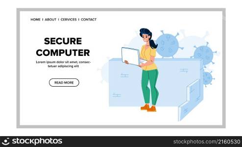 Secure computer data information. internet lock. cyber technology. privacy safety character web flat cartoon illustration. Secure computer vector