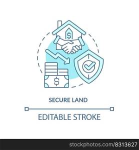 Secure land turquoise concept icon. Safe property buying. Housing development tip abstract idea thin line illustration. Isolated outline drawing. Editable stroke. Arial, Myriad Pro-Bold fonts used. Secure land turquoise concept icon