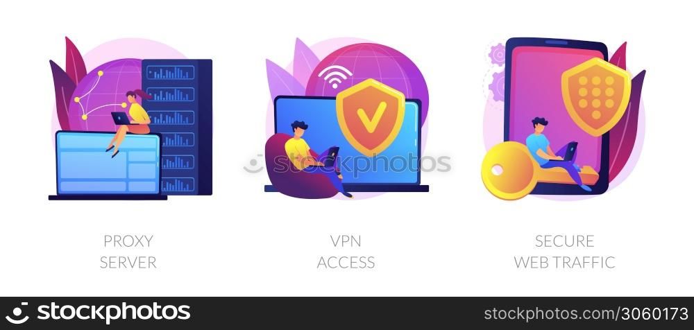 Secure network connection and privacy protection. Internet service provider. Intranet access. Proxy server, VPN access, secure web traffic metaphors. Vector isolated concept metaphor illustrations.. Secure internet access vector concept metaphors.