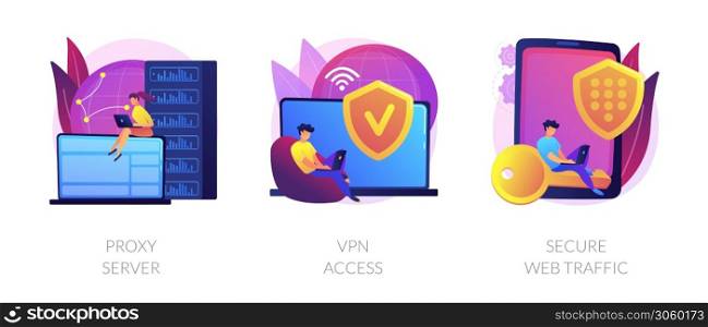Secure network connection and privacy protection. Internet service provider. Intranet access. Proxy server, VPN access, secure web traffic metaphors. Vector isolated concept metaphor illustrations.. Secure internet access vector concept metaphors.