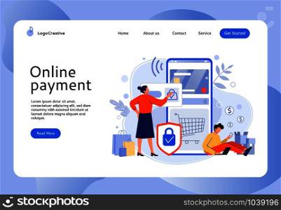 Secure online payment. People buy in mobile store, online shopping and easy website bank card payments vector illustration. E commerce, internet trading, paying contactless website layout. Secure online payment. People buy in mobile store, online shopping and easy website bank card payments vector illustration. E commerce, internet selling, electronic paying website layout