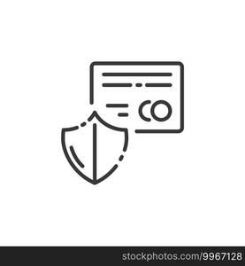 Secure payment thin line icon. Credit card and security shield. Isolated outline commerce vector illustration