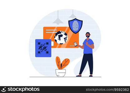 Secure payment web concept with character scene. Man using protection with fingerprint scan verification. People situation in flat design. Vector illustration for social media marketing material.