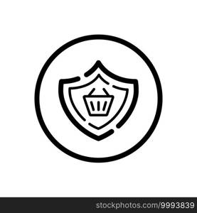 Secure purchase. Security shield and shopping basket. Commerce outline icon in a circle. Isolated vector illustration