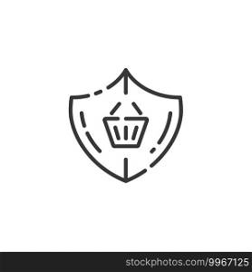Secure purchase thin line icon. Security shield and shopping basket. Isolated outline commerce vector illustration