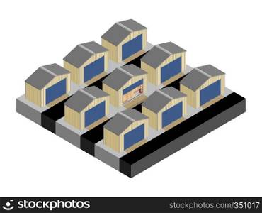 Secure self storage units with one open and full of boxes in isometric vector design