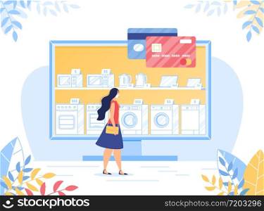 Secure Shopping in Online Electronic Shop on Covid19 Coronavirus Quarantine. Woman in Facemask Choosing Home Appliance in Electronic Shop via Internet. Contactless Payment via Plastic Bank Credit Card. Secure Online Electronic Shopping on Quarantine