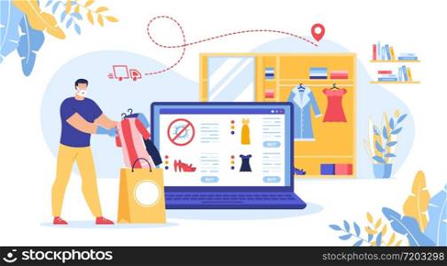 Secure Shopping Online during Covid19 Pandemic and Coronavirus Quarantine. Clothes Purchase Distantly to Prevent and Decrease Virus Infection Risk. Shop Assistant Courier in Facemask, Protective Glove. Secure Shopping Online during Covid19 Pandemic