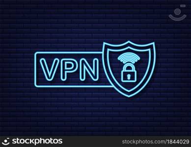 Secure VPN connection concept. Virtual private network connectivity overview. Neon icon. Vector stock illustration. Secure VPN connection concept. Virtual private network connectivity overview. Neon icon. Vector stock illustration.