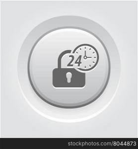 Secured 24-hour Icon. Flat Design.. Secured 24-hour Icon. Flat Design. Security Concept with a padlock and a clock. App Symbol or UI element. Grey Button Design