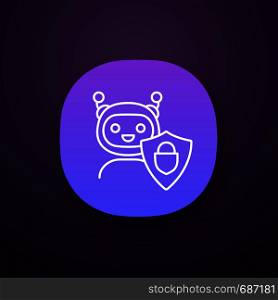 Secured chatbot app icon. Confidential bot dialog. UI/UX user interface. Virtual support service. Chat bot with shield and padlock. Web or mobile application. Vector isolated illustration. Secured chatbot app icon