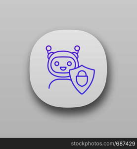 Secured chatbot app icon. Confidential bot dialog. UI/UX user interface. Virtual support service. Chat bot with shield and padlock. Web or mobile application. Vector isolated illustration. Secured chatbot app icon