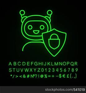 Secured chatbot neon light icon. Confidential bot dialog. Glowing sign with alphabet, numbers and symbols. Virtual support service. Chat bot with shield and padlock. Vector isolated illustration. Secured chatbot neon light icon