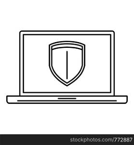Secured laptop icon. Outline illustration of secured laptop vector icon for web design isolated on white background. Secured laptop icon, outline style