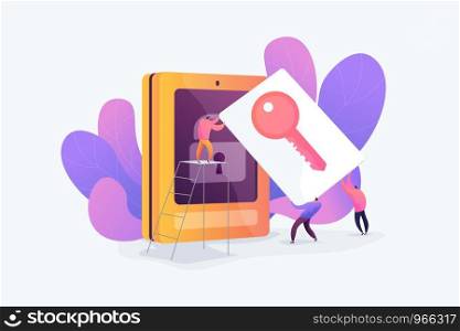 Security access card, access control key, security system with automatic access card concept. Vector isolated concept illustration with tiny people and floral elements. Hero image for website.. Security access card vector illustration.