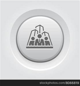 Security Agency Icon. Grey Button Design.. Security Agency Icon. Grey Button Design. Isolated Illustration. App Symbol or UI element. Team of people with skyscrapers in back.