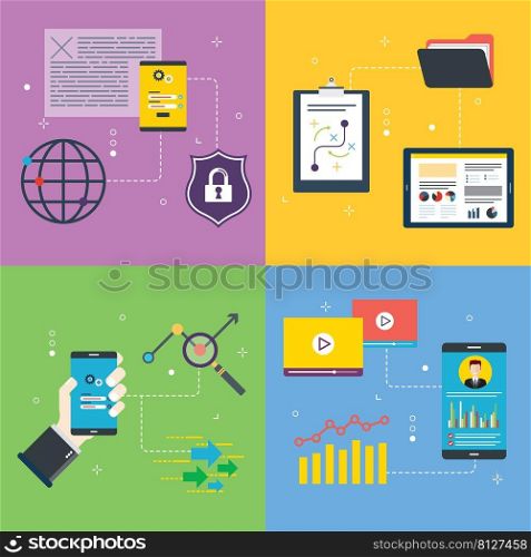 Security, analysis, project, management, performance and development icons. Concepts of security analysis, project management, performance analysis and application development. Flat design icons in vector illustration.