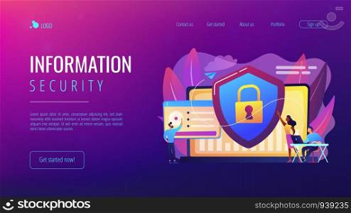 Security analysts protect internet-connected systems with shield. Cyber security, data protection, cyberattacks concept on white background. Website vibrant violet landing web page template.. Cyber security concept landing page.