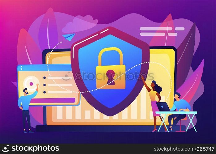 Security analysts protect internet-connected systems with shield. Cyber security, data protection, cyberattacks concept on ultraviolet background. Bright vibrant violet vector isolated illustration. Cyber security concept vector illustration.