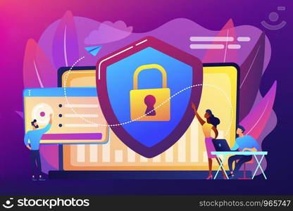 Security analysts protect internet-connected systems with shield. Cyber security, data protection, cyberattacks concept on ultraviolet background. Bright vibrant violet vector isolated illustration. Cyber security concept vector illustration.