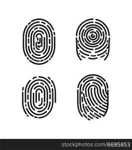 Security and prints of fingers to pass access. Identification fingerprints sketches set icons vector. System of bio recognition, identifying methods. Identification Fingerprints Sketches Set Vector