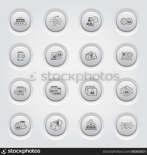 Security and Protection Icons Set. Grey Button Design. Isolated Illustration. App Symbol or UI element. Personal Access, Assistence Symbol, Global Safety and Security Symbol, Payment Security Symbol.