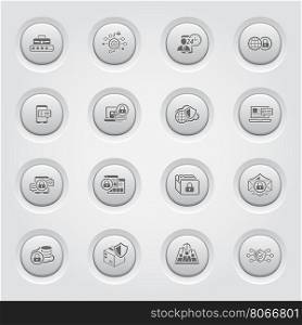Security and Protection Icons Set. Grey Button Design. Isolated Illustration. App Symbol or UI element. Personal Access, Assistence Symbol, Global Safety and Security Symbol, Payment Security Symbol.